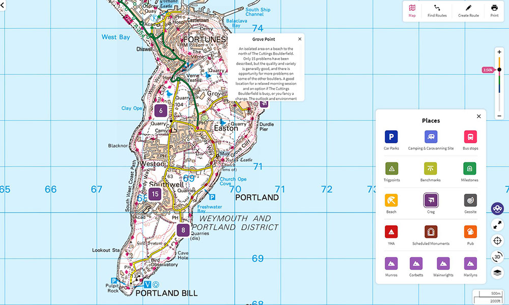 Find crags using the places feature on OS Maps