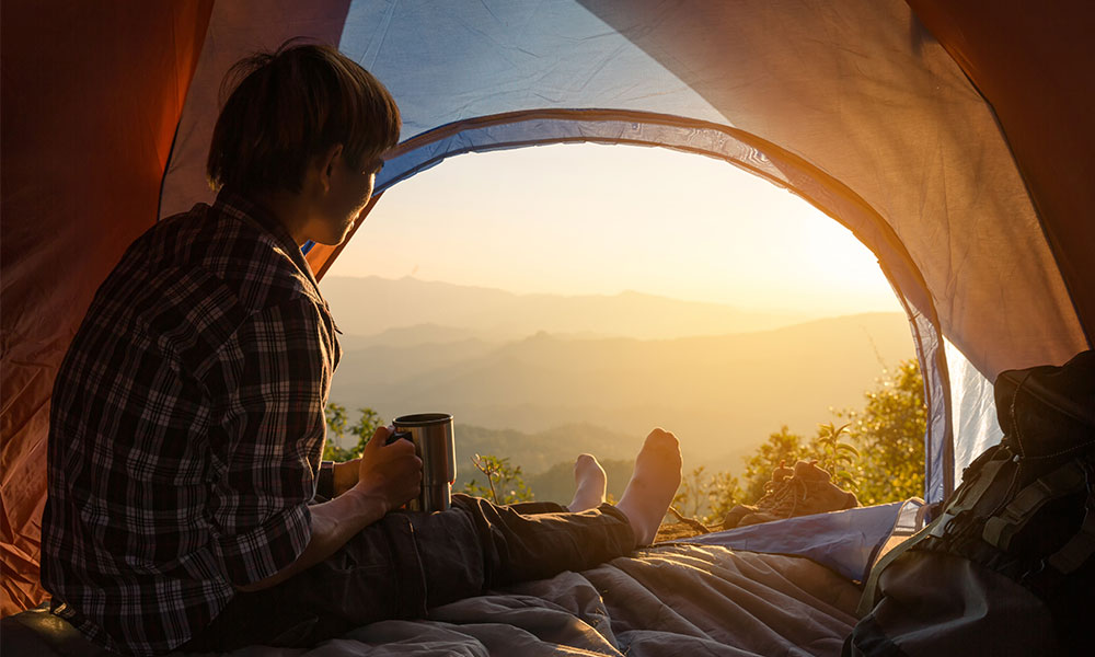 Sleeping bag in a tent with view