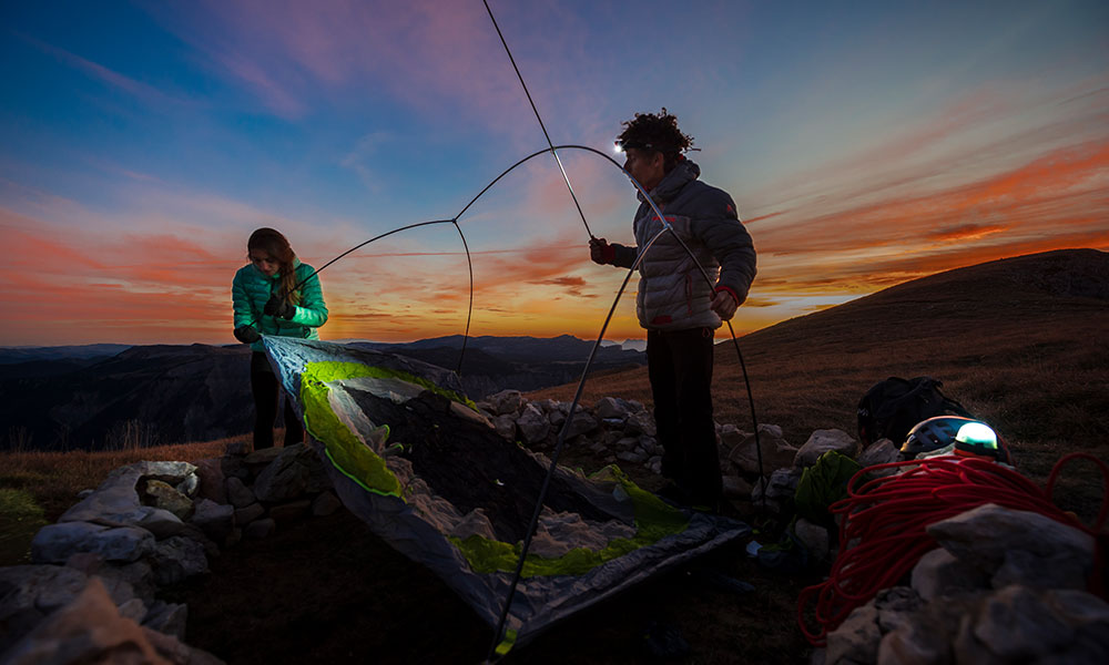 setting up tent head torch