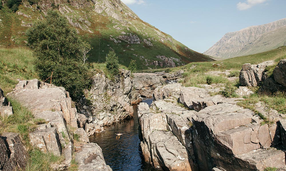 Glen Etive, River Etive waterfall wild swimming