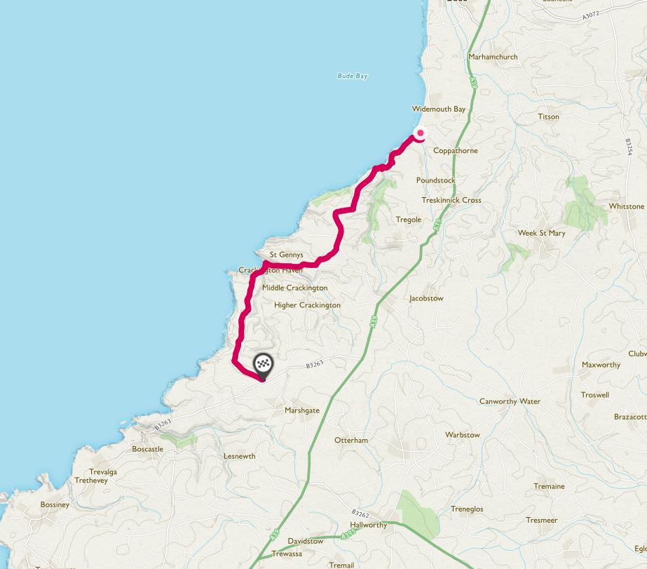 Route map: Widemouth Bay to Tresparrett Down​