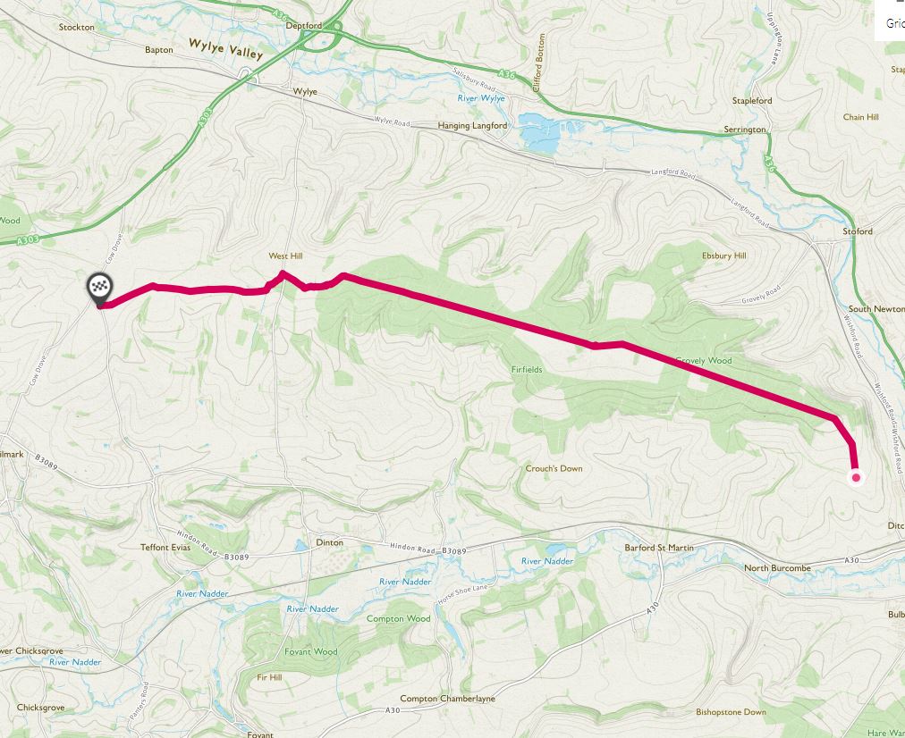 Route map: Grovely Woods and the Harrow Way​​
