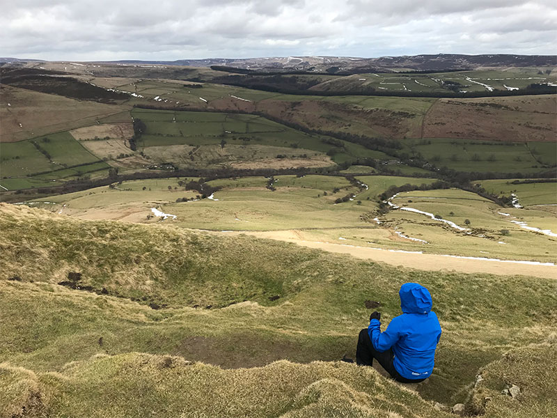 Tea break on the sheltered side of Lose Hill summit SK 153853