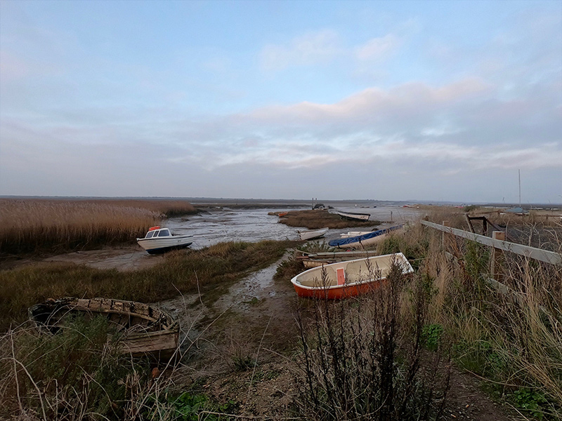 <br/>Small boats in a tidal creek near Morston