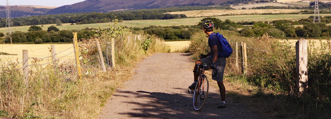 Cycling on the Downs Link footpath and bridleway