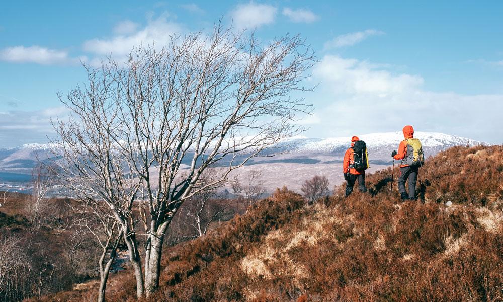 Two walkers on a hill on an autumn day